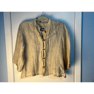 VTG Arise Linen Silk Jacket Medium Beige Fringe Seams Wooden Buttons Boho